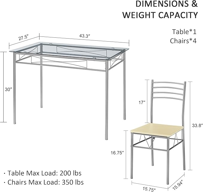 VECELO Dining Table with 4 Chairs [4 Placemats Included-] Silver X-Large - LeafyLoom