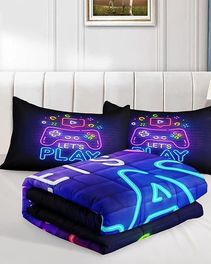 Gamer Comforter Sets,Gaming Bedding Set for Boys 6 pcs,Kids Comforter Sets for Boys,Twin Purple Comforter Sets for Boys,Bed in A Bag with Sheets(Twin,Purple Color) - LeafyLoom
