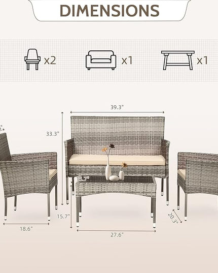 FDW Patio Conversation Set 4 Pieces Patio Furniture Set Wicker with Rattan Chair Loveseats Coffee Table for Outdoor Indoor Garden Backyard Porch Poolside Balcony,Gray Wicker/Khaki Cushions - LeafyLoom