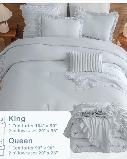 Ruffled Comforter Set for Queen Bed,3 Pieces Vintage Farmhouse Shabby Bedding Set Lightweight Ultra Soft French Country Bedding (1 Cornflower Blue Comforter +2 Pillowcases) - LeafyLoom