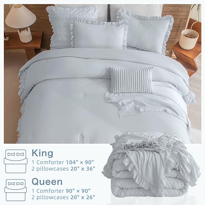 Shabby Ruffled King Comforter Set,Farmhouse Cornflower Blue Bedding Comforter Lightweight Ultra Soft Vintage Rustic Bedding 3pc (1 Ruffle Comforter and 2 Pillowcases) - LeafyLoom