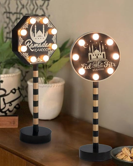 Vanthylit 2 Pack Ramadan Decorations for Home, Wooden Ramadan Mubarak Table Centerpiece Lights, Eid Mubarak Crafts Night Light Battery Powered Islamic Muslim Gifts for Party Desk Decor - LeafyLoom