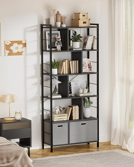 armocity 74 Inch Tall Bookshelf, 6 Tier Bookcase with Drawers, Modern Book Shelf Display Standing Shelf Units with Storage, Wood and Metal Bookshelves for Living Room, Bedroom, Home Office, Black - LeafyLoom