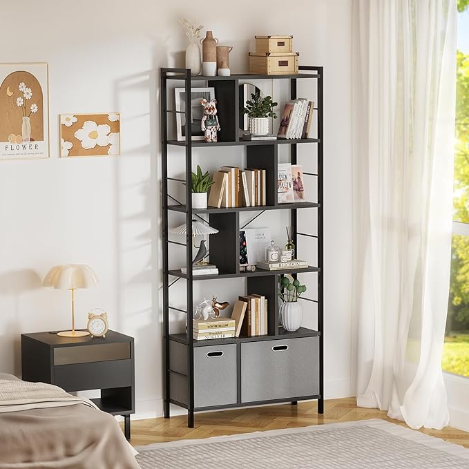 armocity 74 Inch Tall Bookshelf, 6 Tier Bookcase with Drawers, Modern Book Shelf Display Standing Shelf Units with Storage, Wood and Metal Bookshelves for Living Room, Bedroom, Home Office, Black - LeafyLoom