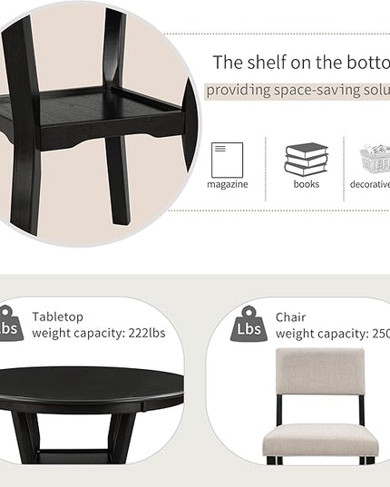 5-Piece Dinette Sets includes Round Kitchen Dining Table with Bottom Shelf, 4 Upholstered Chairs, for Diningroom Living Room, Easy to Assemble, Espresso 3 - LeafyLoom