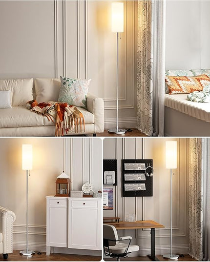 Ambimall Floor Lamp for Living Room with 3 Color Temperatures Bulb, 64" Standing lamp with Linen lampshade for Bedroom, Minimalist Pole Lamp, White Shade & Silver Pole - LeafyLoom
