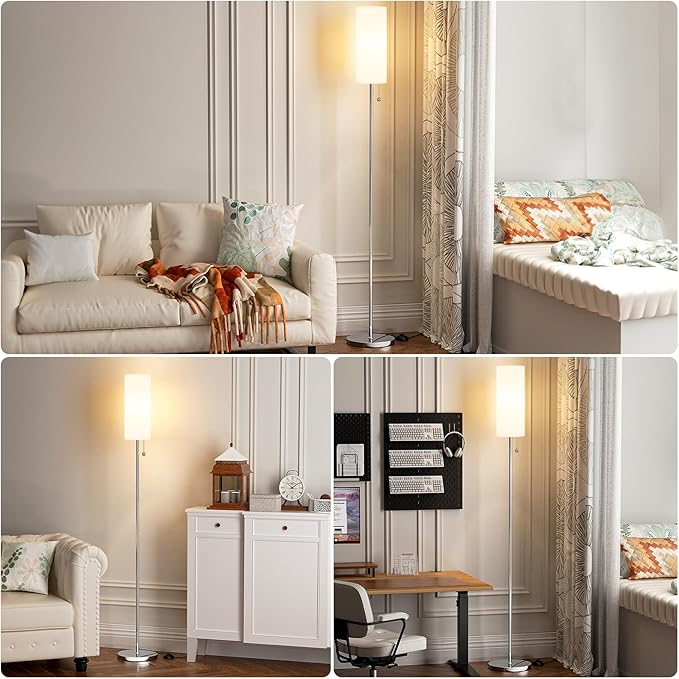 Ambimall Floor Lamp for Living Room with 3 Color Temperatures Bulb, 64" Standing lamp with Linen lampshade for Bedroom, Minimalist Pole Lamp, White Shade & Silver Pole - LeafyLoom
