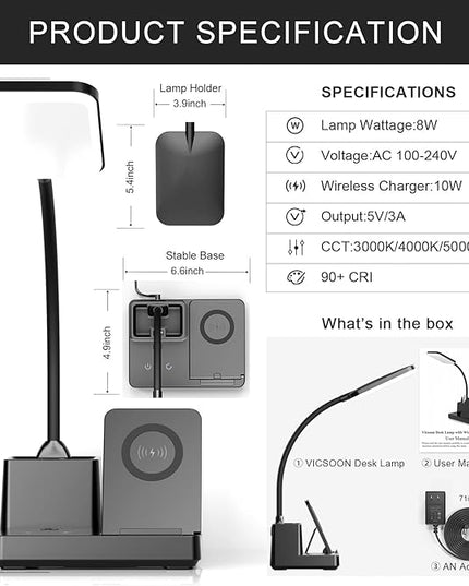 Desk Lamp with Wireless Charger USB Charging Port, Eye-Caring Desk Lamp for Home Office with Pen Holder, Dimmable Table Lamps 3 Color Modes - LeafyLoom