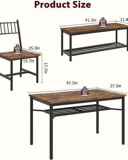 IDEALHOUSE Dining Table Set for 4, Kitchen Table and Chairs for 4 with Storage Bench, Rectangular Kitchen Table Set with Wine Rack, Dining Room Table Set for Small Space, Apartment, Retro Brown - LeafyLoom