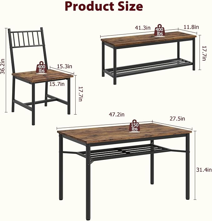 IDEALHOUSE Dining Table Set for 4, Kitchen Table and Chairs for 4 with Storage Bench, Rectangular Kitchen Table Set with Wine Rack, Dining Room Table Set for Small Space, Apartment, Retro Brown - LeafyLoom