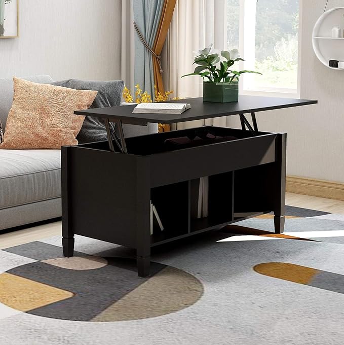 Lift Top Coffee Table, Coffee Table with Open Shelves and Lift Top Design, Modern Center Tables for Living Room, Home, Office, Black - LeafyLoom