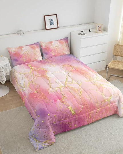 Pink Marble Comforter Set Twin for Girls, Gold Giltter Bronzing Bedding Marble Decor Tie Dye Marbling Bedding Comforter Sets for Kids Teens Women, Tie Dye Fluid Abstract Quilt with 1 Pillowcase - LeafyLoom