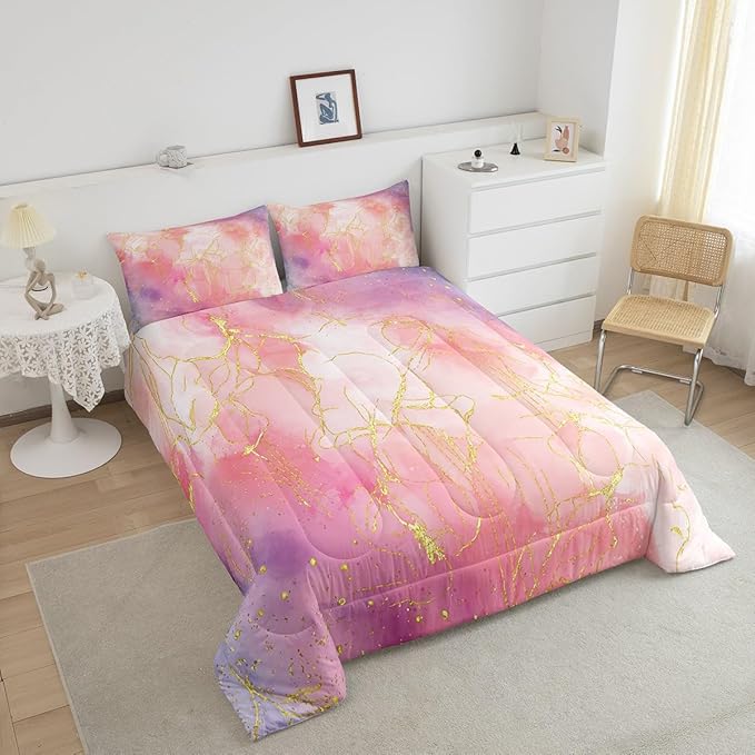 Pink Marble Comforter Set Twin for Girls, Gold Giltter Bronzing Bedding Marble Decor Tie Dye Marbling Bedding Comforter Sets for Kids Teens Women, Tie Dye Fluid Abstract Quilt with 1 Pillowcase - LeafyLoom