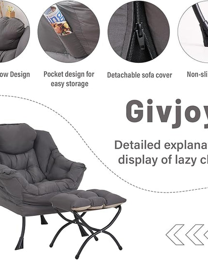 Lazy Chair and Ottoman, Large Accent Lounge Chair with Armrests and a Side Pocket, Modern Leisure Upholstered Sofa Reading Armchair with Footrest for Bedroom, Living Room, Dorm Rooms, Office - LeafyLoom