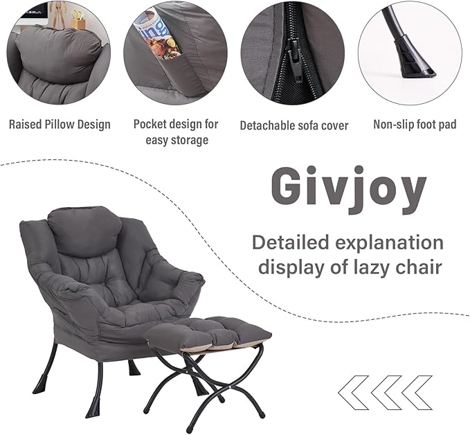 Lazy Chair and Ottoman, Large Accent Lounge Chair with Armrests and a Side Pocket, Modern Leisure Upholstered Sofa Reading Armchair with Footrest for Bedroom, Living Room, Dorm Rooms, Office - LeafyLoom