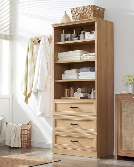 72" Tall Bookshlef with 3 Drawers, Farmhouse 4-Tier Bookcase with Adjustable Shlef, Wooden Storage Cabinet for Living Room, Kitchen, Home Office, Dining Room, Natural - LeafyLoom