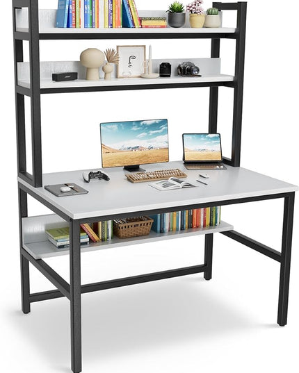 Aquzee Computer Desk, Easy Assembly Gaming Table with Hutch and Shelves, 4 Tiers Desk with Large Wood Desktop, Metal Legs, Ideal for Storage Study Work Writing Homework, White, 55Wx65Hx23.6D Inches - LeafyLoom
