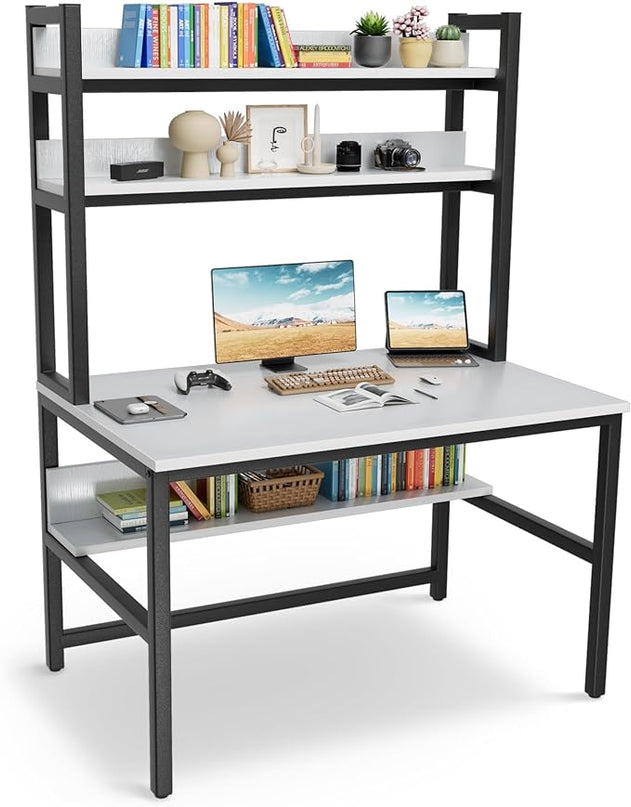 Aquzee Computer Desk, Easy Assembly Gaming Table with Hutch and Shelves, 4 Tiers Desk with Large Wood Desktop, Metal Legs, Ideal for Storage Study Work Writing Homework, White, 55Wx65Hx23.6D Inches - LeafyLoom