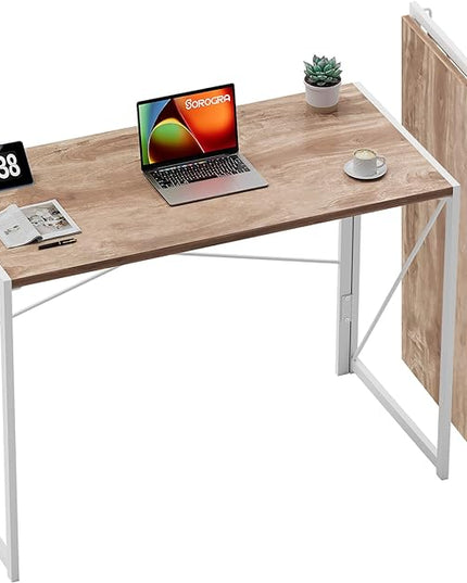 Coavas 39.4 inch Folding Desk No Assembly Required, Writing Computer Desk Space Saving Foldable Table Simple Home Office Desk, Oak - LeafyLoom