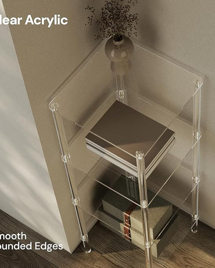 4 Tier Square Acrylic Bookshelf, Small Bookcase with Acrylic Fittings for Fixing to Wall, Corner Display Shelf for Living Room, Bedroom, Bathroom, Small Spaces, Clear, 11.6'' W x 34'' H - LeafyLoom