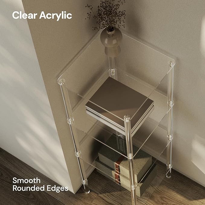 4 Tier Square Acrylic Bookshelf, Small Bookcase with Acrylic Fittings for Fixing to Wall, Corner Display Shelf for Living Room, Bedroom, Bathroom, Small Spaces, Clear, 11.6'' W x 34'' H - LeafyLoom