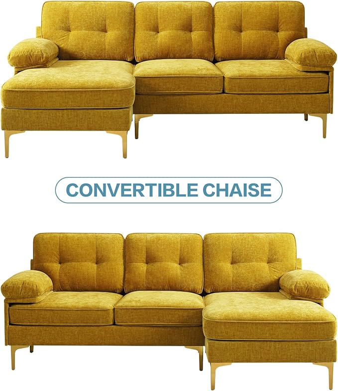 EASELAND 82" L-Shape Sofa with Reversible Chaise Lounge, Convertible Sectional Sofa Couch, Chenille Modern Sofa Couch for Living Room, Apartment and Office, Removable Cover (Yellow) - LeafyLoom