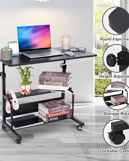 Portable Desk Small Desks for Small Spaces Laptop Table Black Rolling Adjustable Desk on Wheels Mobile Couch Desk for Bedroom Home Office Computer Standing Desk Student Desk with Storage 32x16 Inch - LeafyLoom