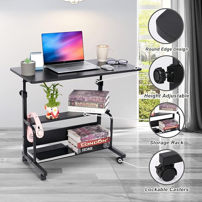 Portable Desk Small Desks for Small Spaces Laptop Table Black Rolling Adjustable Desk on Wheels Mobile Couch Desk for Bedroom Home Office Computer Standing Desk Student Desk with Storage 32x16 Inch - LeafyLoom