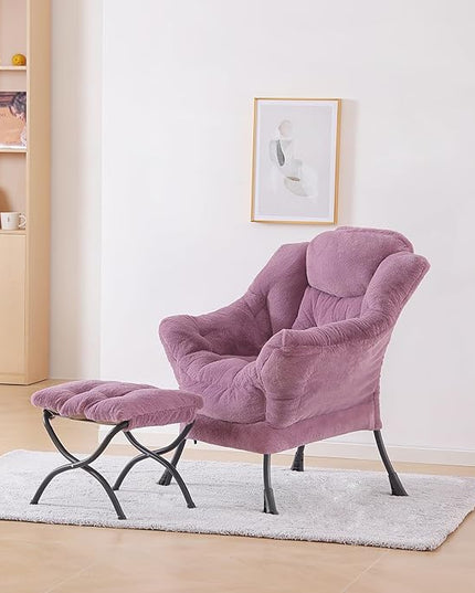Plush Lazy Chair and Ottoman, Large Contemporary Accent Lounge Chair with Armrests and a Side Pocket, Modern Leisure Upholstered Sofa Reading Armchair with Footrest for Bedroom, Living Room - LeafyLoom