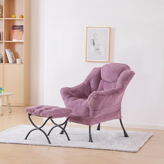 Plush Lazy Chair and Ottoman, Large Contemporary Accent Lounge Chair with Armrests and a Side Pocket, Modern Leisure Upholstered Sofa Reading Armchair with Footrest for Bedroom, Living Room - LeafyLoom