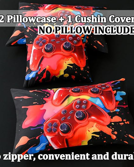 Full Size Gamer Comforter Set for Boys, Game Controller 6 Pcs Bed in a Bag Full Gaming Bediing Set for Boys Kids - LeafyLoom