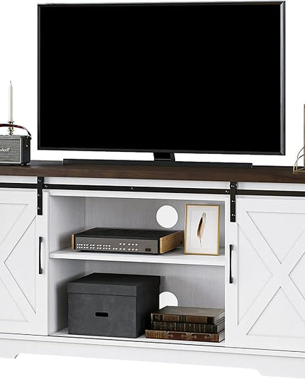 IDEALHOUSE Farmhouse TV Stand for 65 Inch TV, Entertainment Center with Storage and Sliding Barn Doors, Modern Media TV Console TV Stands for Living Room Bedroom (White) - LeafyLoom
