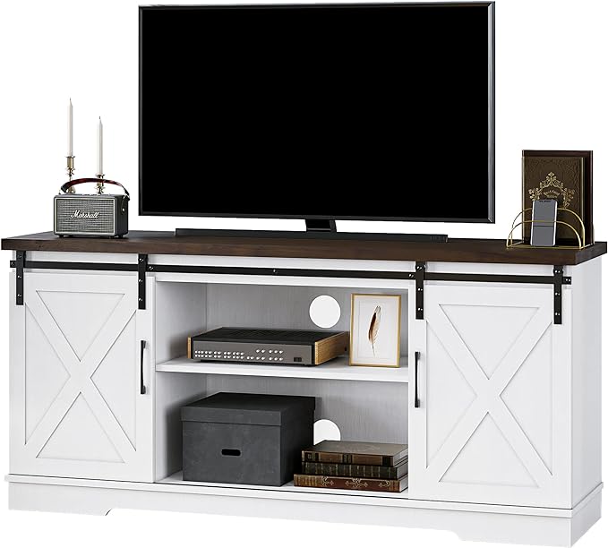 IDEALHOUSE Farmhouse TV Stand for 65 Inch TV, Entertainment Center with Storage and Sliding Barn Doors, Modern Media TV Console TV Stands for Living Room Bedroom (White) - LeafyLoom