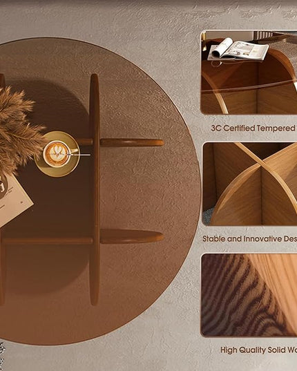 Round Coffee Table, 31.5" White Glass Coffee Tables for Living Room, Unique Circle Coffee Table with Solid Wood Base Abstract Small Center Tabl - LeafyLoom