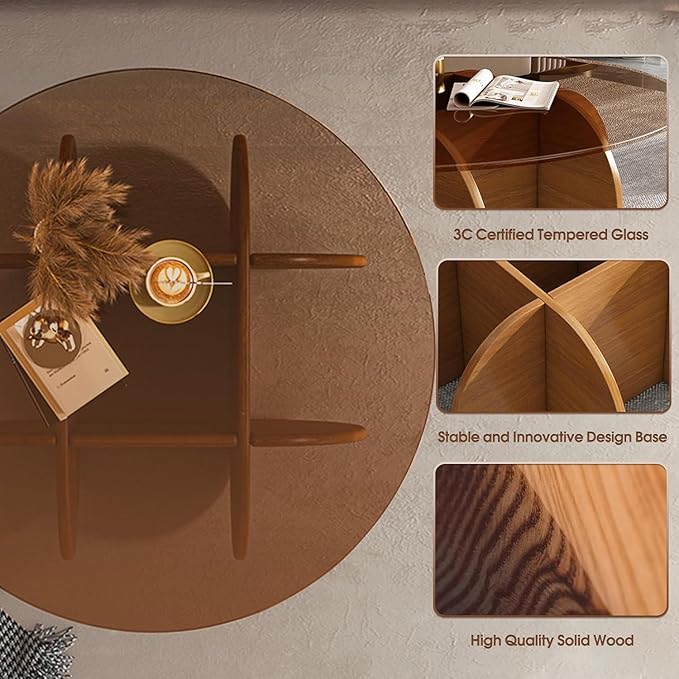 Round Coffee Table, 31.5" White Glass Coffee Tables for Living Room, Unique Circle Coffee Table with Solid Wood Base Abstract Small Center Tabl - LeafyLoom