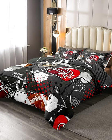 Erosebridal Football Comforter Set Full,Red American Football Helmet Bedding Set for Kids Boys Teens Men Bed,Grunge Geometric Hexagon Comforter Retro Grey Soft Quilt Duvet Sets with 2 Pillow Cases - LeafyLoom