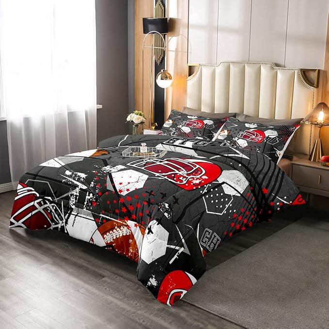 Erosebridal Football Comforter Set Full,Red American Football Helmet Bedding Set for Kids Boys Teens Men Bed,Grunge Geometric Hexagon Comforter Retro Grey Soft Quilt Duvet Sets with 2 Pillow Cases - LeafyLoom