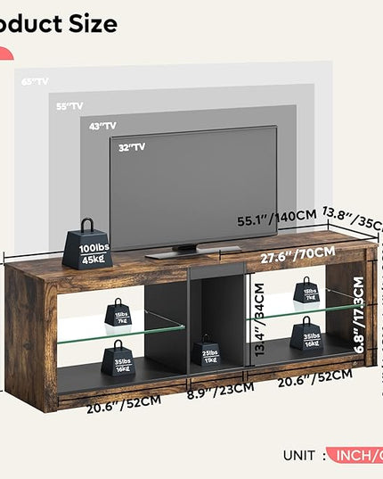 Bestier Entertainment Center Gaming TV Stand for 55 Inch+ TV LED Television Stand with 2 Adjustable Glass Shelves PS Game Console Cabinet for Living Room, Rustic Brown - LeafyLoom