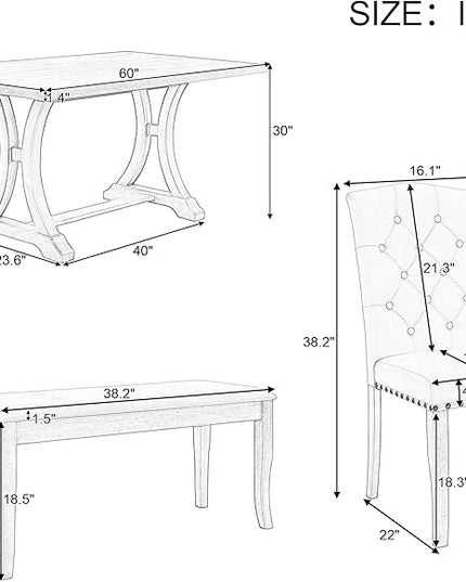 6-Piece Dinette Sets, Rectangular Trestle Dining Table, 4 Upholstered Chairs & Bench, for Diningroom Living Room, Easy to Assemble, Antique Gray - LeafyLoom
