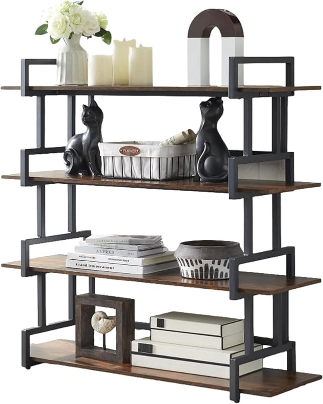 4-Tier Bookshelf-Industrial Bookcase, Rustic Open Book Shelf, Vintage Freestanding Bookshelves, Metal Frame and Solid Wood, Living room, Office, Bedroom Storage - LeafyLoom