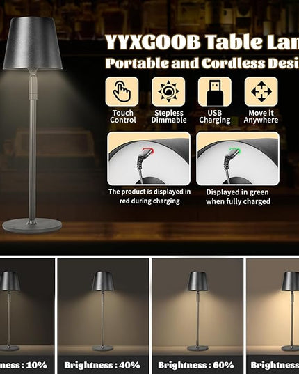 Cordless Table Lamp,Portable LED Desk Lamp, Battery Operated, 3 Color Stepless Dimming Up, for Restaurant/Bedroom/Bars/Outdoor Party/Camping/Coffee Shop Night Light。 (Black) - LeafyLoom