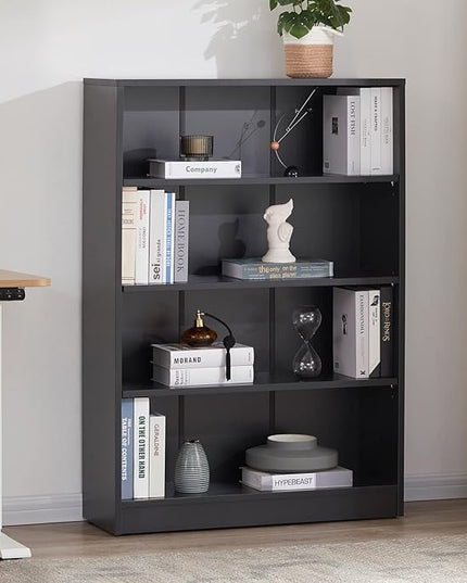 Farini Black Bookshelf for Bedroom 4 Shelf Office Bookcase 48 Inches Tall Modern Wood Bookshelf for Living Room 4 Tier Wide Manga Bookshelf Library Bookcase - LeafyLoom