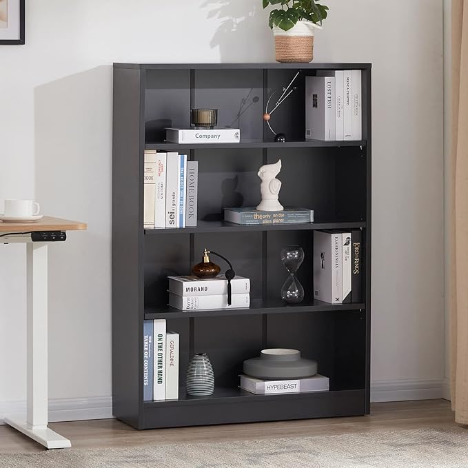 Farini Black Bookshelf for Bedroom 4 Shelf Office Bookcase 48 Inches Tall Modern Wood Bookshelf for Living Room 4 Tier Wide Manga Bookshelf Library Bookcase - LeafyLoom