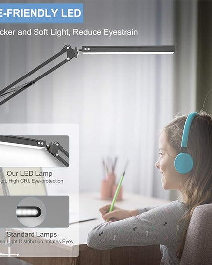 LED Desk Lamp,Adjustable Swing Arm Desk Lamp with Clamp,Dimmable Desk Light Eye-Care Table Light, Memory Function, 3 Color Modes, 10-Level Brightness Table Lamp for Home, Office, Study, Reading - LeafyLoom
