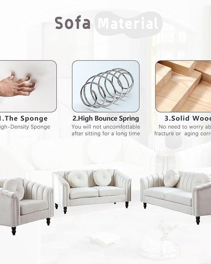 Velvet Modern Living Room Couch 3 Piece with Scroll Arms and Nailhead, includes 2 Love-seat Chair & Armchair, Sofa and Loveseat Set Grey - LeafyLoom