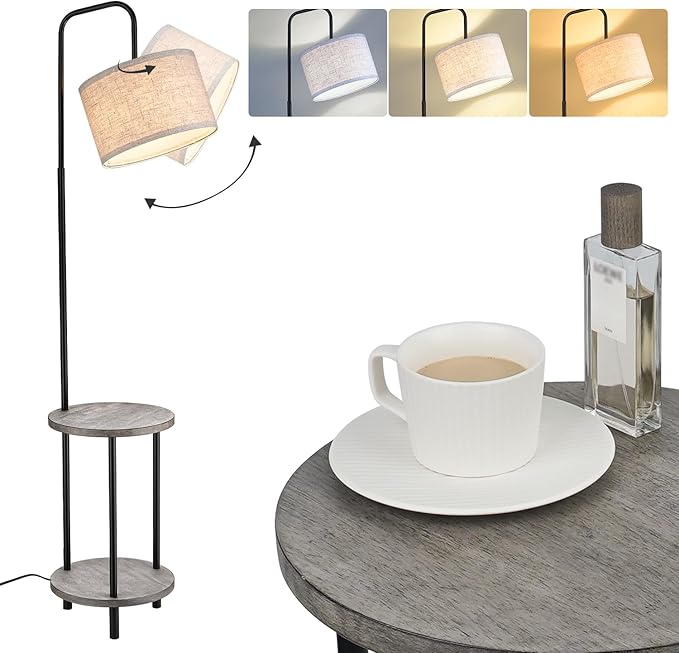 ELYONA Solid Wood Floor Lamp - Rustic Side Table Lamp for Bedroom & Living Room - Mid Century Modern Floor Lamp with 3 Color Temperatures LED Bulb - Industrial Tall Pole Reading Standing Light - Grey - LeafyLoom