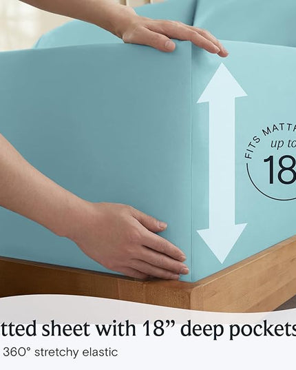 LuxClub 7 PC Split King Sheet Set, Breathable Luxury Bed Sheets, Deep Pockets 18" Eco Friendly Wrinkle Free Cooling Sheets Machine Washable Hotel Bedding Silky Soft - Aqua Split King - LeafyLoom