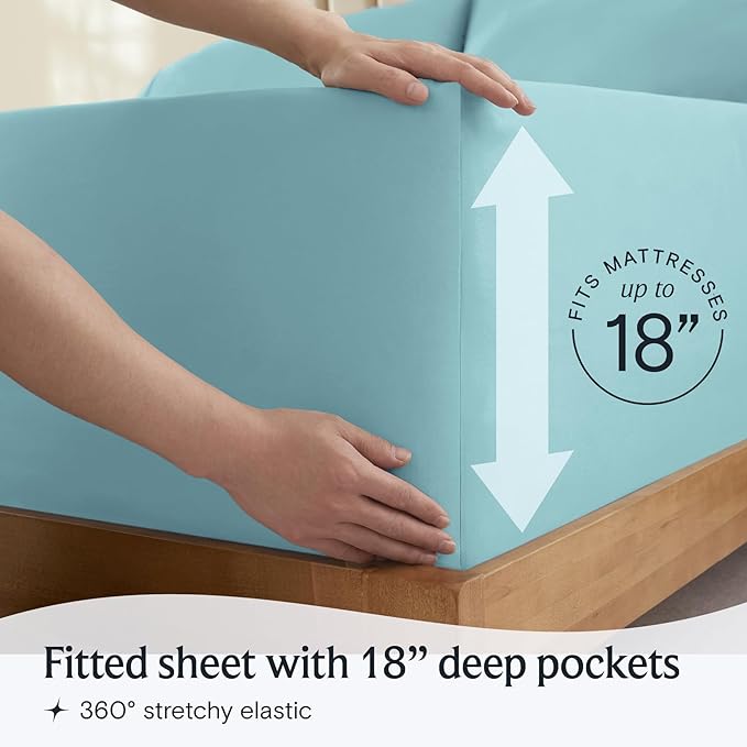 LuxClub 7 PC Split King Sheet Set, Breathable Luxury Bed Sheets, Deep Pockets 18" Eco Friendly Wrinkle Free Cooling Sheets Machine Washable Hotel Bedding Silky Soft - Aqua Split King - LeafyLoom