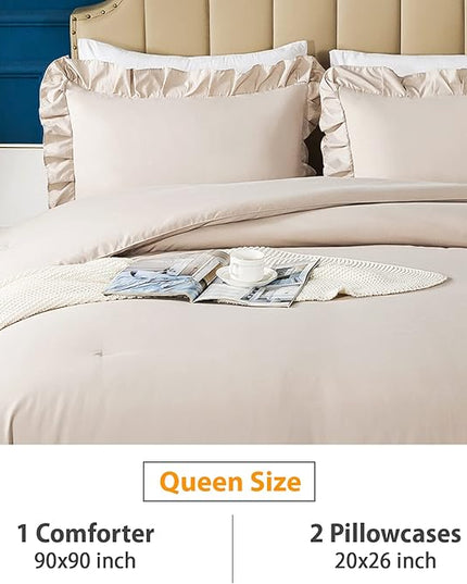 Andency Khaki Queen Comforter Set, 3 Pieces Farmhouse Shabby Chic Bedding Set for Queen Bed, All Season Soft Lightweight Microfiber Bed Set for Men Women - LeafyLoom