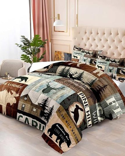 LUVIVIHOME 3PCS Black Bear Moose Deer Comforter Set, Full Size Comforter, Pine Tree Forest Animal Rabbit Elk Wolf Wildlife Hunting Cabin Lodge Vintage Country Rustic Farmhouse Bedding, 2 Pillow Shams - LeafyLoom